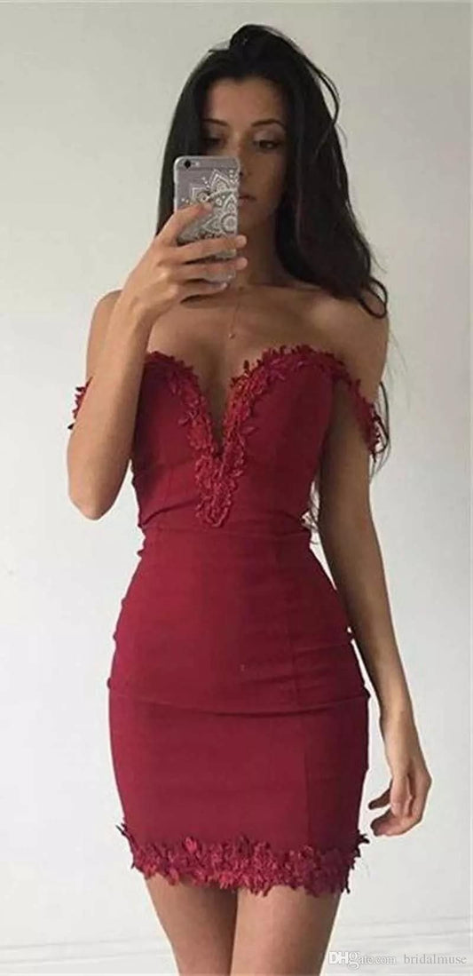 Off The Shoulder Deep V Neck Sheath Alia Homecoming Dresses Satin Appliques Short Burgundy