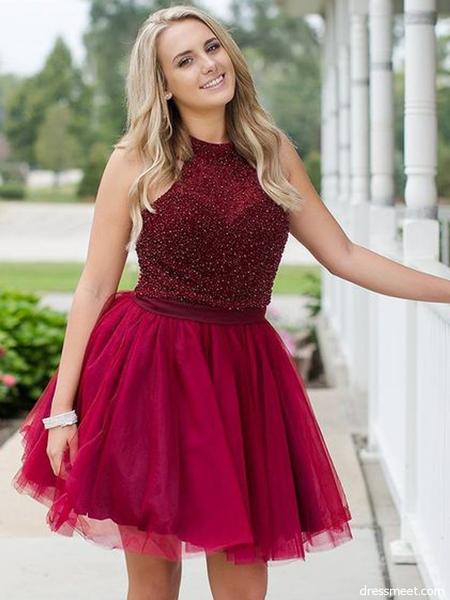 Halter Sleeveless LuLu Homecoming Dresses A Line Fuchsia Pleated Tulle Short Cute