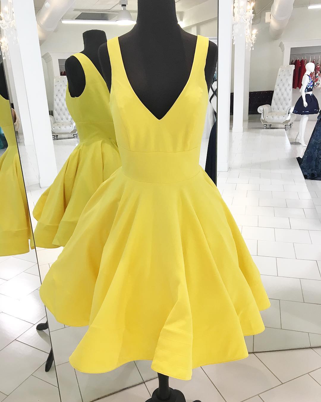 Deep V Neck Daffodil Angela Satin Homecoming Dresses A Line Sleeveless Pleated Backless