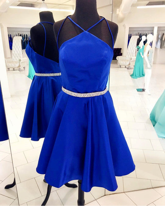 Halter Straps Backless Sexy Pleated Madilyn A Line Homecoming Dresses Royal Blue Satin Sparkle