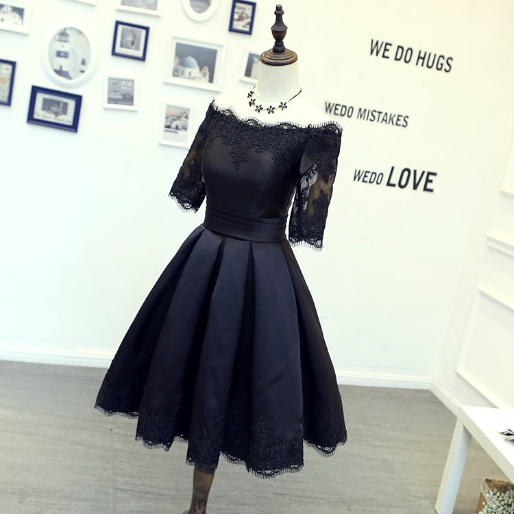 Off The Shoulder Half Satin Homecoming Dresses A Line Alicia Sleeve Pleated Appliques Black