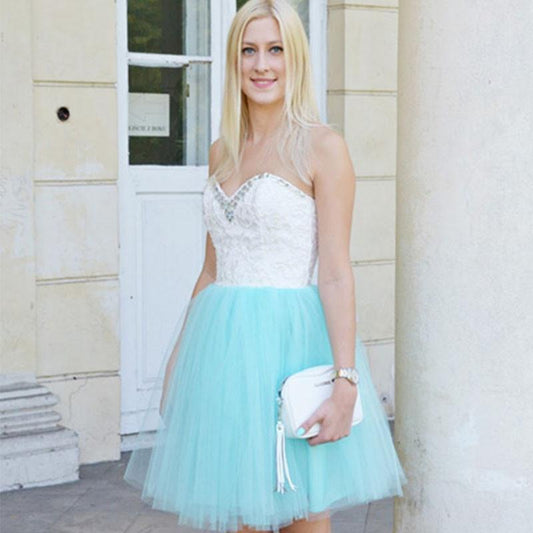 Strapless Sweetheart Homecoming Dresses A Line Imani Appliques Backless Tulle Blue Beading Cute