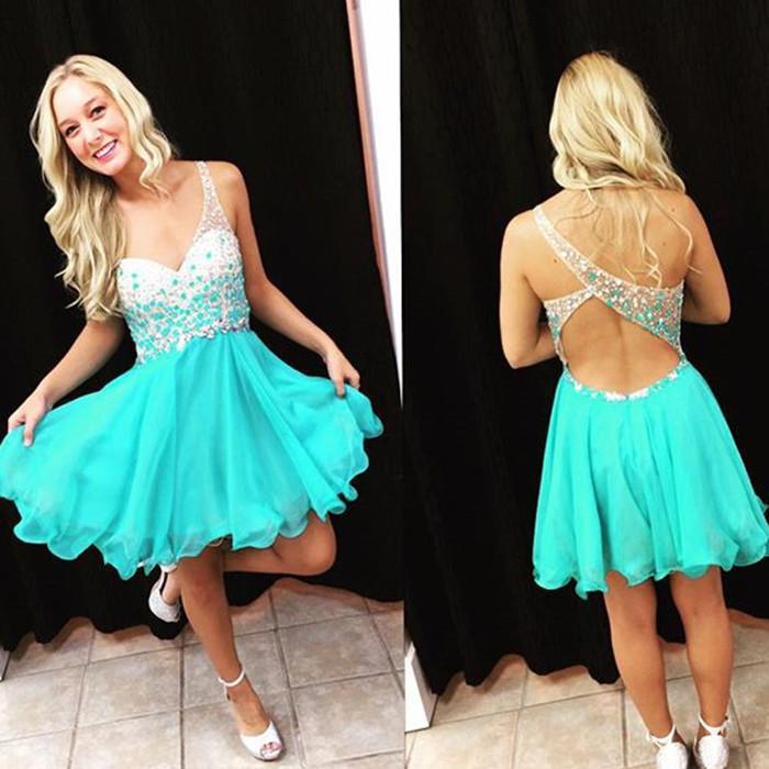 Straps V Neck Sleeveless Chiffon Dalia A Line Homecoming Dresses Blue Backless Beading Cut Out