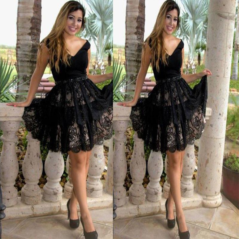 Black Off Shoulder V Neck Flowers Lace A Line Homecoming Dresses Kenna Elegant Sexy