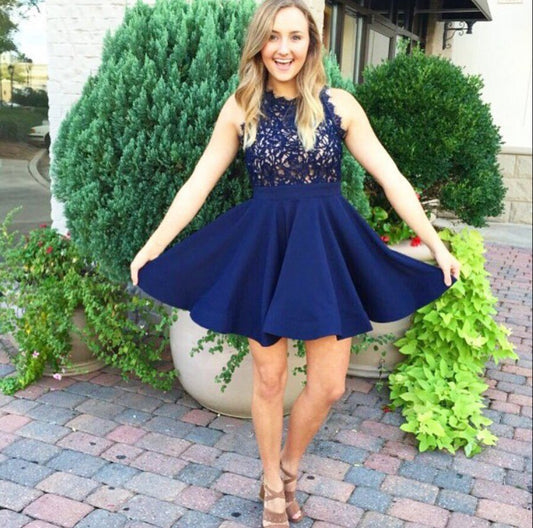 Dark Navy Appliques Sleeveless Halter A Line Sally Homecoming Dresses Lace Satin Pleated