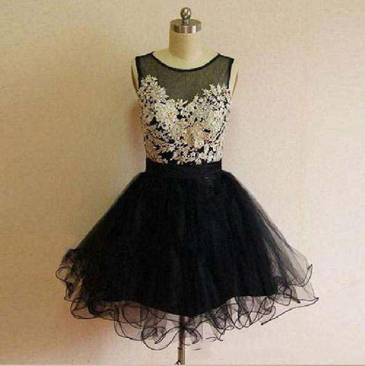 Black Scoop Sleeveless Homecoming Dresses A Line Luz Appliques Organza Pleated Sheer