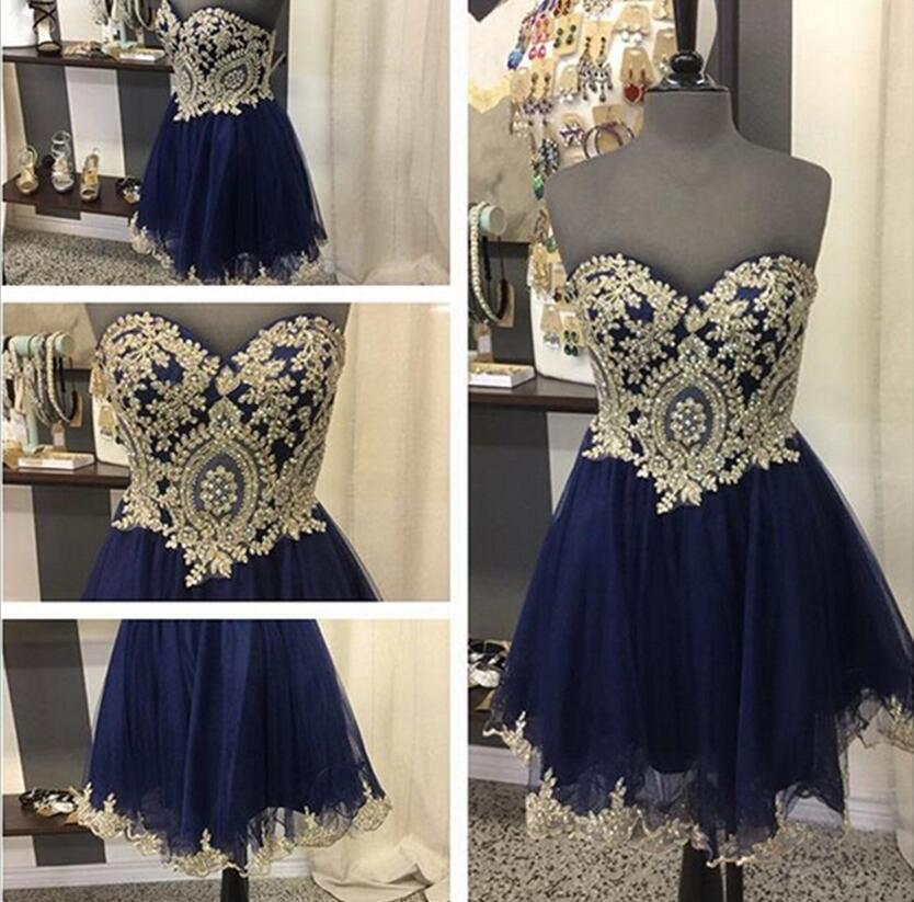 A Line Brenda Homecoming Dresses Lace Strapless Sweetheart Dark Navy Tulle Appliques Exquisite