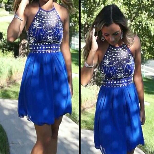 Rhinestone Beading Chiffon Royal Blue Homecoming Dresses Elsie A Line Halter Sleeveless