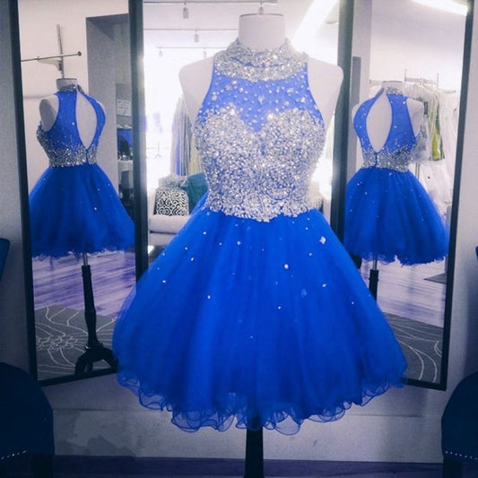 High Neck Imani Royal Blue A Line Homecoming Dresses Sleeveless Backless Organza Appliques