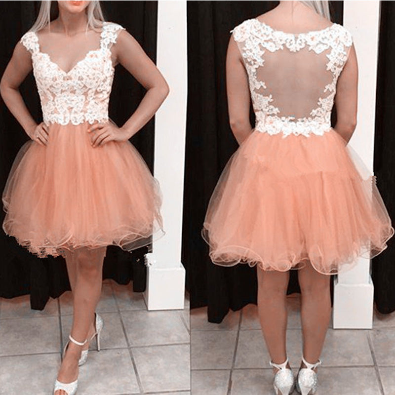 Deep V Neck Rhinestone Organza Homecoming Dresses A Line Adalynn Cap Sleeve Backless Pleated