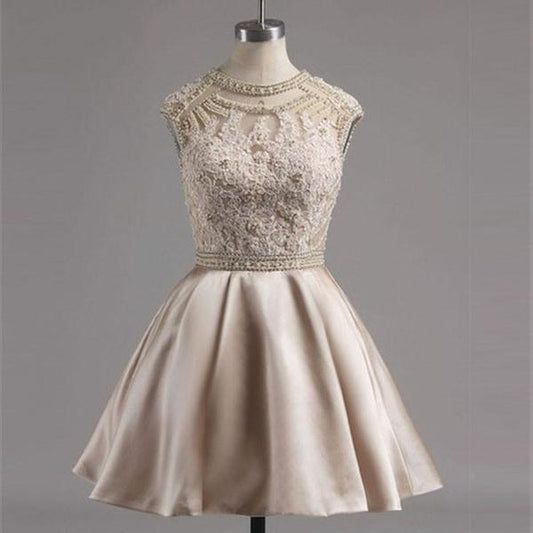 Jewel Ivory Satin Mackenzie Homecoming Dresses A Line Appliques Beading Hollow Cap Sleeve Pleated