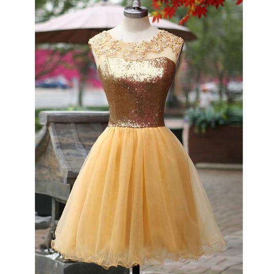 Sleeveless Scoop Appliques Pleated Light Homecoming Dresses Jill A Line Yellow Organza Sequins