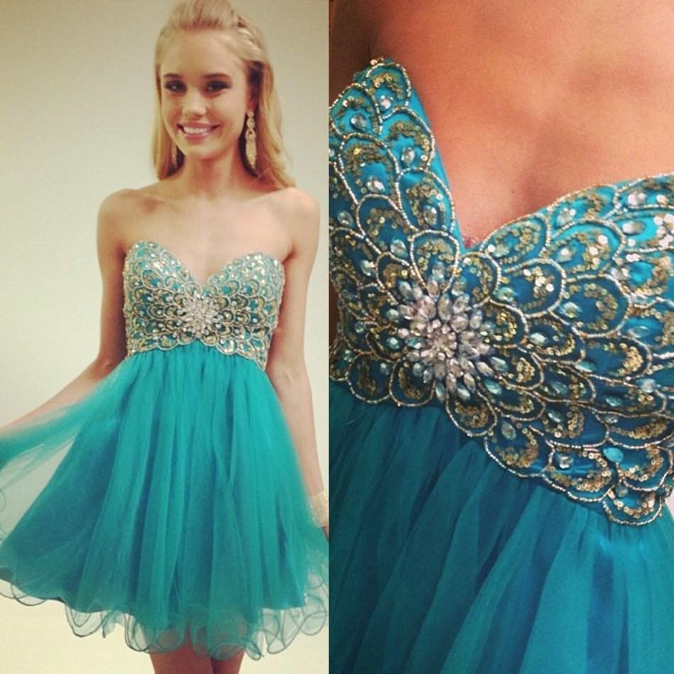 Blue Strapless A Line Mallory Homecoming Dresses Sweetheart Beading Rhinestone Sequins Organza Pleated