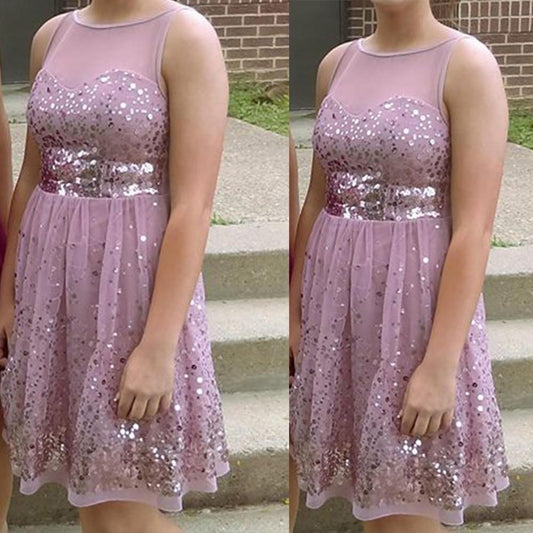 Jewel Sleeveless A Line Homecoming Dresses Henrietta Pink Sheer Sequins Pleated