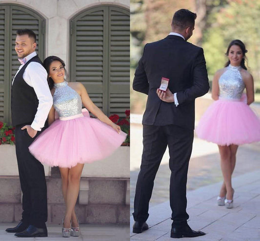 Ball Gown Halter Sleeveless Cute Rosemary Homecoming Dresses Pink Short Tulle Beading