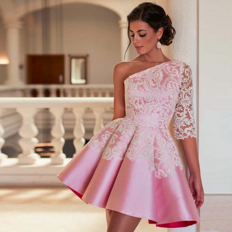 Pink Satin Emma Homecoming Dresses One Shoulder Half Sleeve Appliques Flowers Hollow Pleated