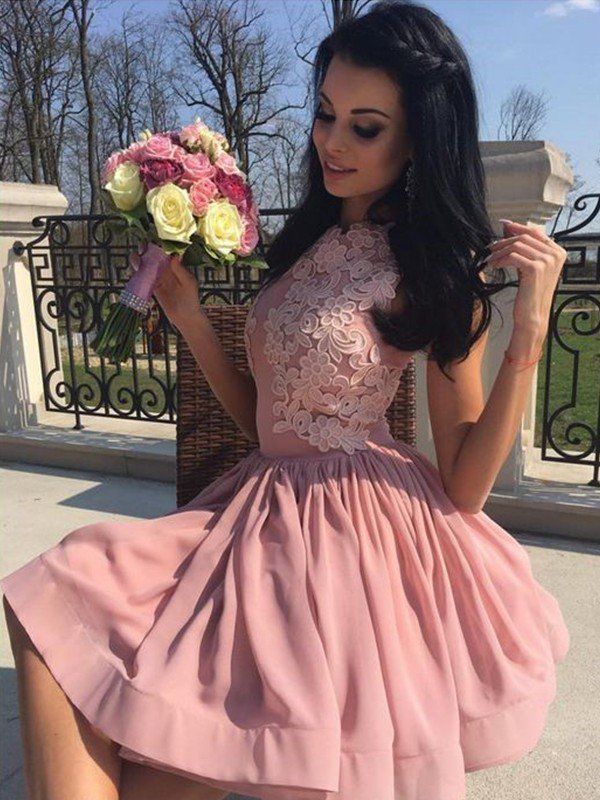 Jewel Sleeveless A Line Pink Madilynn Satin Homecoming Dresses Pleated Appliques Flowers