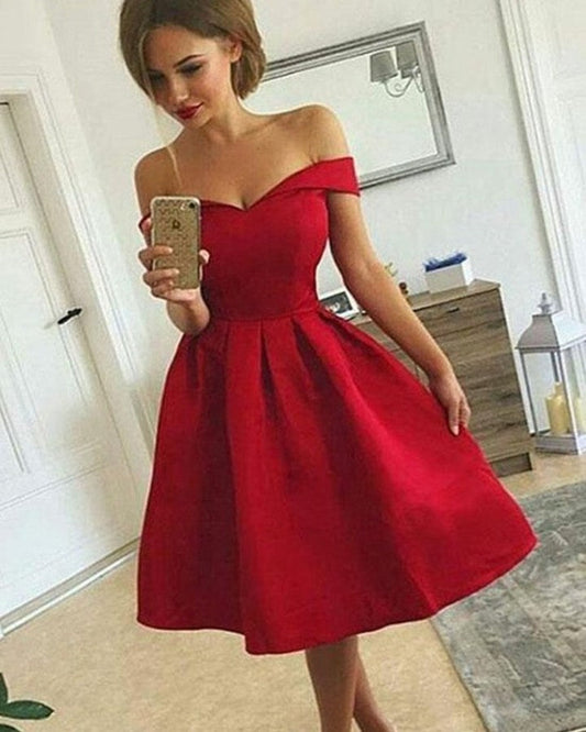 Off The Shoulder Pleated V Neck A Line Homecoming Dresses Jaida Satin Red Tea Length