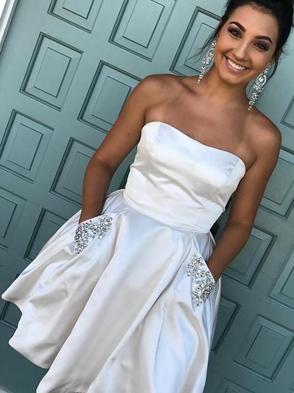 Strapless Sleeveless Neveah Satin A Line Ivory Homecoming Dresses Pleated Rhinestone Short