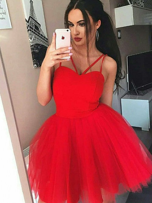 Spaghetti Straps Ball Homecoming Dresses Lillie Gown Pleated Tulle Sleeveless Red