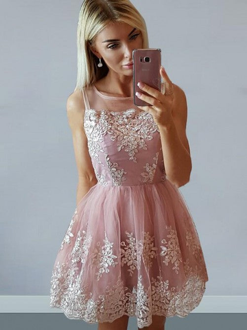 Appliques Kylee A Line Pink Homecoming Dresses Lace Sleeveless Sheer Straps Scoop Pleated