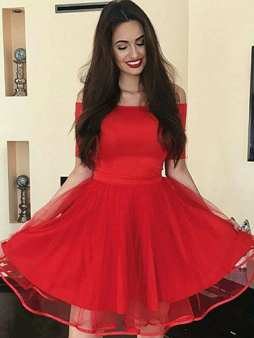 Off The Shoulder Half Sleeve Pleated Karli A Line Homecoming Dresses Organza Red Short