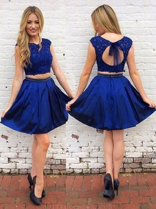 Cap Sleeve Appliques Pleated Royal Blue A Line Germaine Satin Homecoming Dresses Jewel Backless