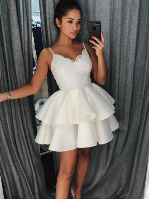 Ball Satin Lace Ivory Homecoming Dresses Emma Gown Tiered Pleated V Neck Spaghetti Straps Short