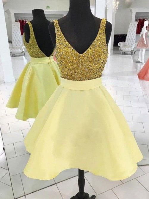 Deep V Neck Light Satin Allie Homecoming Dresses A Line Yellow Sleeveless Backless Rhinestone