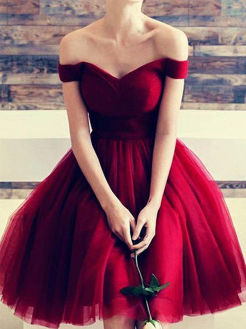 Tulle Homecoming Dresses A Line Aracely Burgundy Off The Shoulder V Neck Short Sleeve