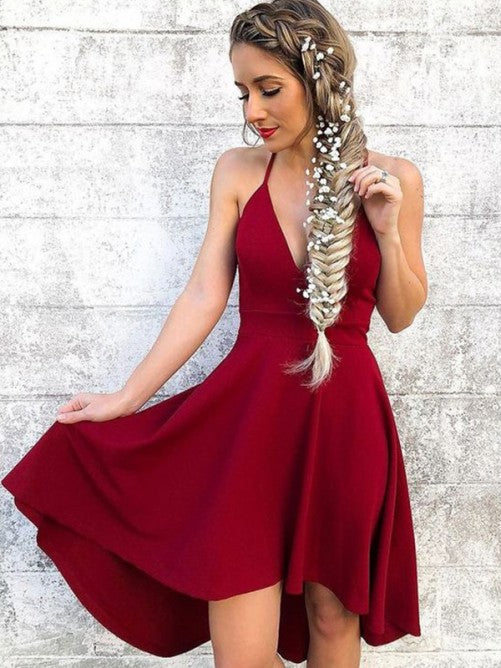 Deep V Neck Burgundy Halter Homecoming Dresses Aleah Satin A Line Straps High Low Sleeveless