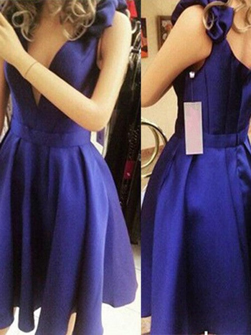 Deep V Neck Royal Blue Satin A Line Joan Homecoming Dresses Pleated Straps Bowknot Elegant