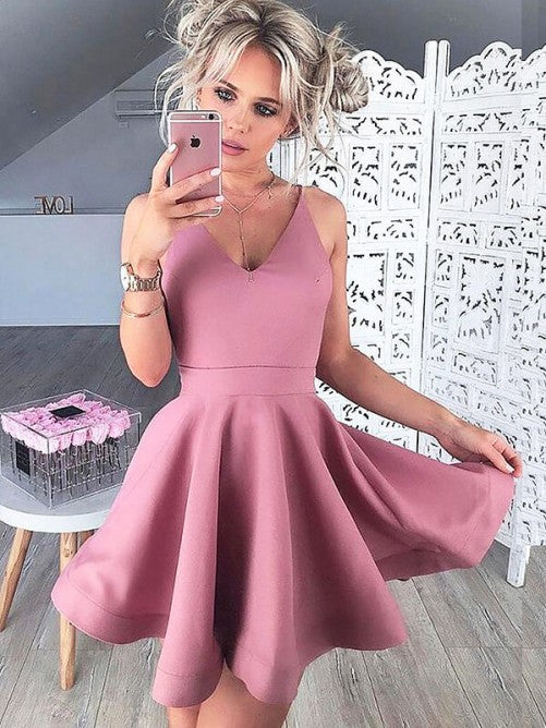 Dusty Rose Viola Satin Homecoming Dresses A Line Straps V Neck Sleeveless Pleated Short