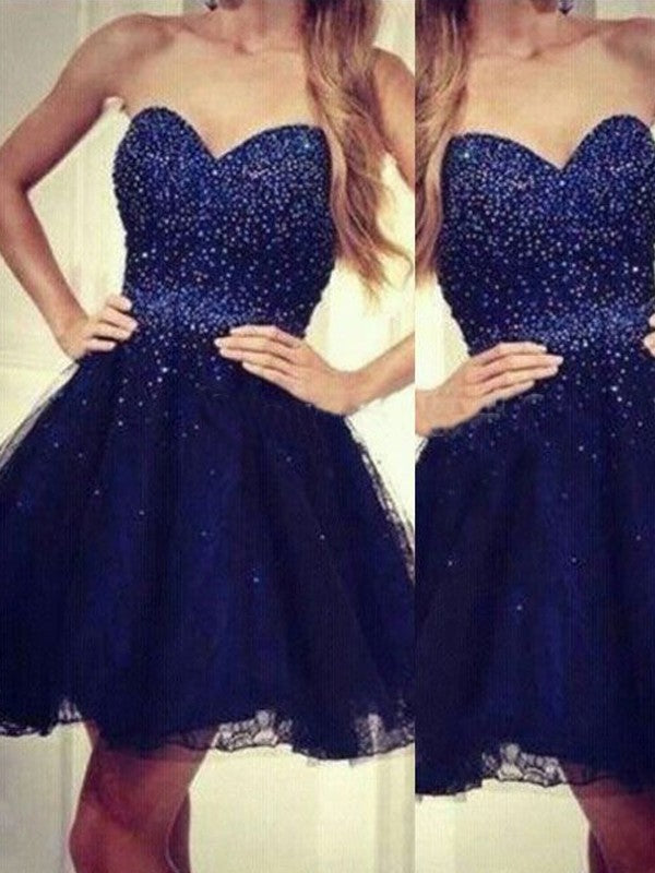 Dark Navy Strapless Sweetheart Pleated A Line Homecoming Dresses Allie Beading Backless