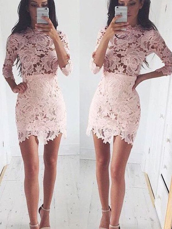 Jewel Long Sleeve Flowers Lace Homecoming Dresses Kallie Pink Appliques Sheath Short