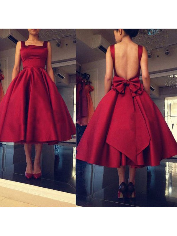 Square Neck Sleeveless Backless Ball Gown Pleated Satin Homecoming Dresses Ruby Bowknot