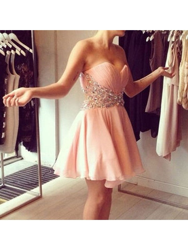 Rhinestone Strapless Sweetheart Peach Saniyah Homecoming Dresses A Line Chiffon Sexy Pleated Short