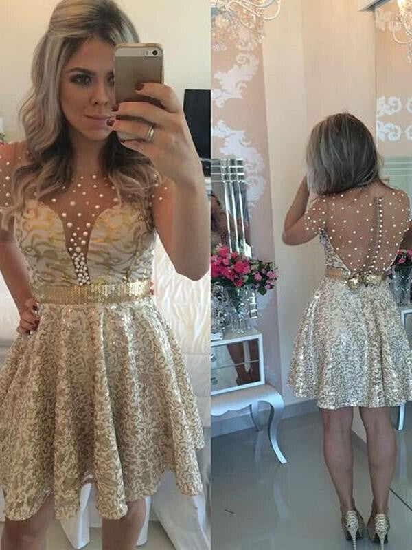 Jewel Short Sleeve Sheer A Line Janey Homecoming Dresses Back Button Sequins Sexy Short