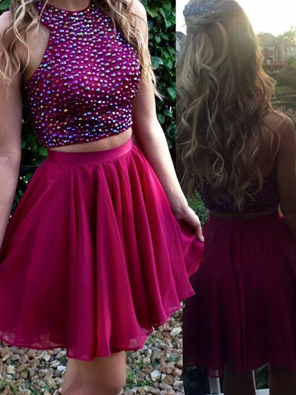 Halter Sleeveless Beading Fuchsia Chiffon Two Pieces Homecoming Dresses A Line Sydney Pleated