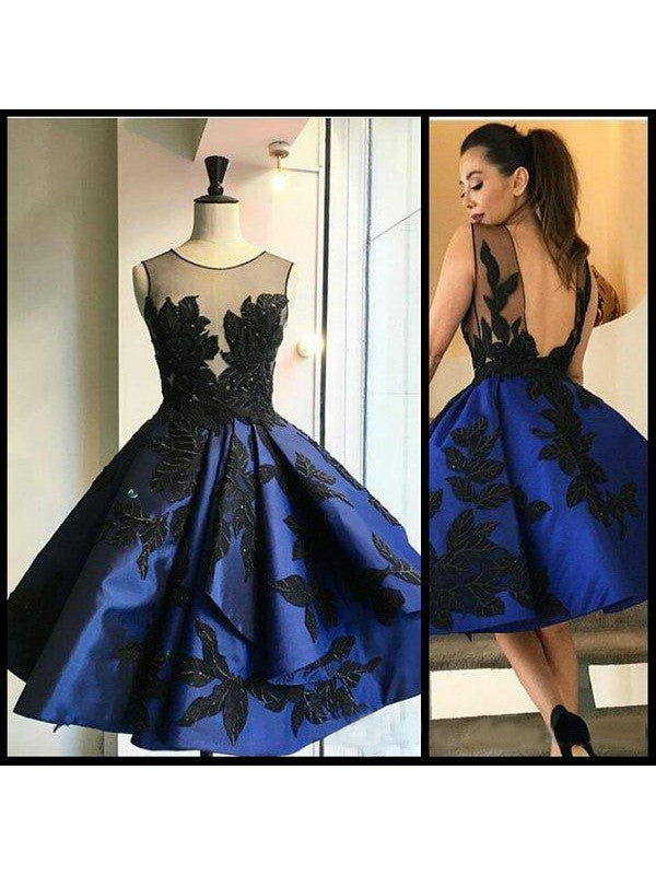 Scoop Ball Gown Homecoming Dresses Satin Lyric Sheer Appliques Flowers Backless Pleated