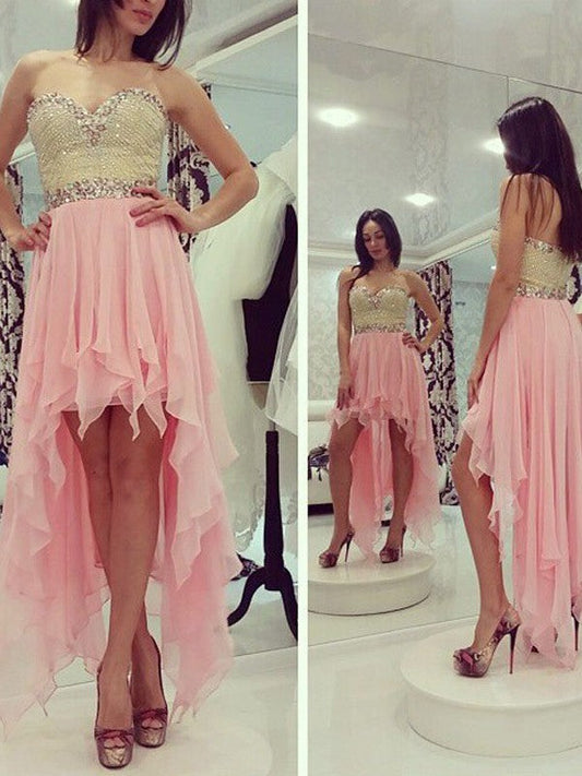 High Low Pink Chiffon Homecoming Dresses A Line Terri Strapless Sweetheart Backless Beading