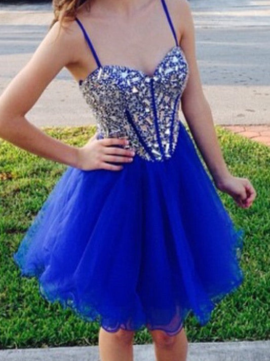 Rhinestone Spaghetti Dana Homecoming Dresses A Line Royal Blue Straps Organza Sweetheart