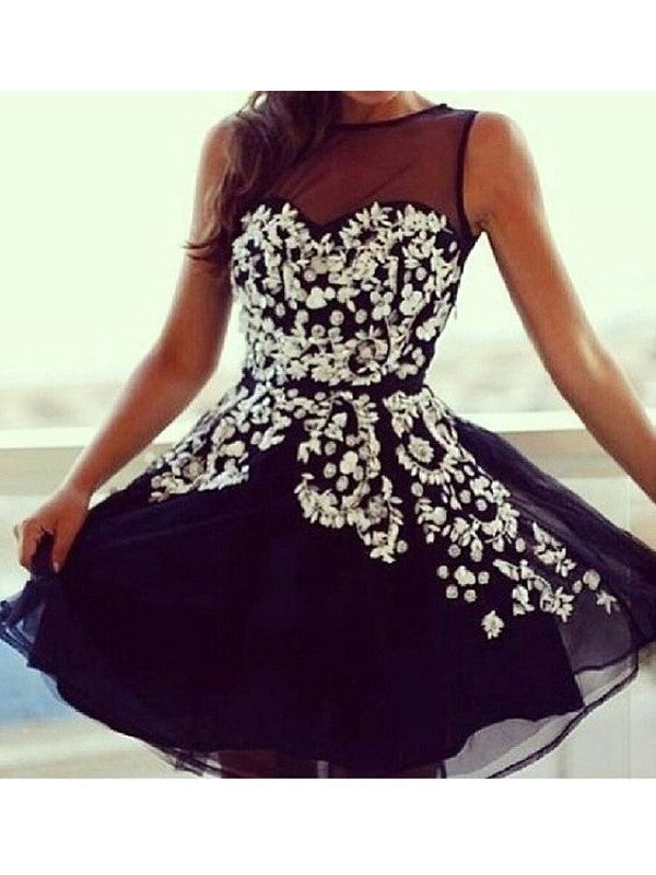 Jewel Sleeveless Sheer Black Homecoming Dresses Gwendolyn A Line Appliques Flowers Pleated Tulle