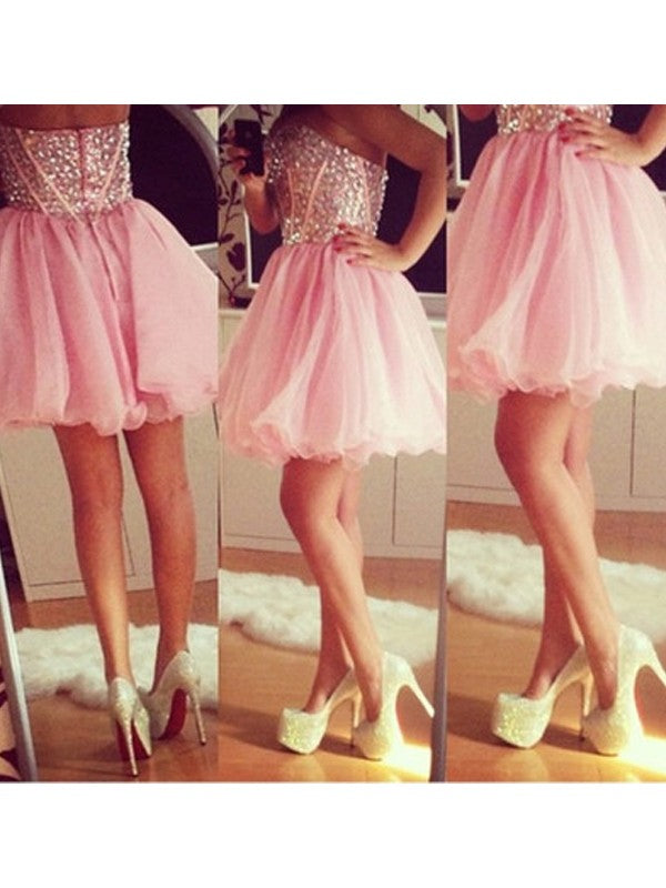 Organza Strapless Sweetheart Pleated Backless Beading Homecoming Dresses A Line Sage Pink Short