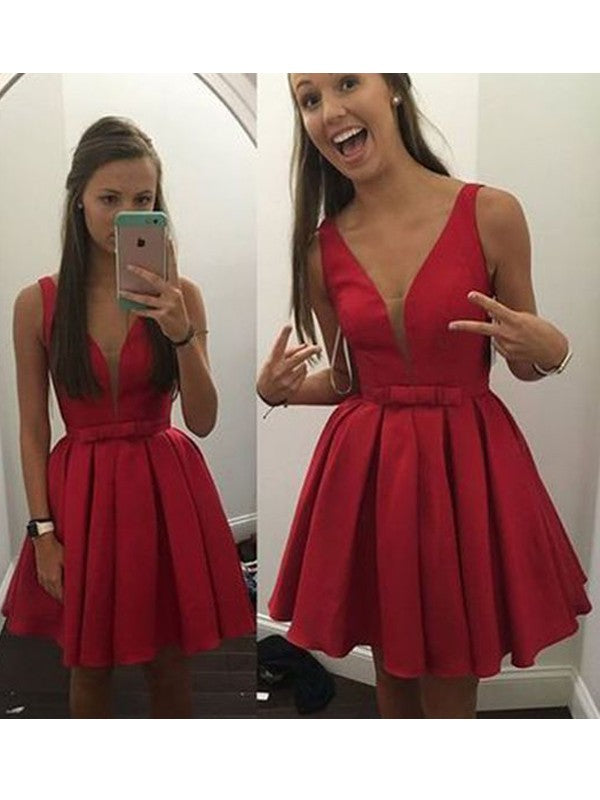 Deep V Neck Cameron A Line Homecoming Dresses Red Sleeveless Pleated Bowknot Sheer