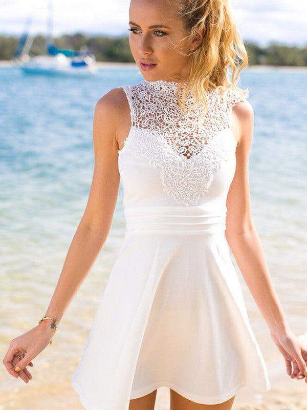 Satin Lace Ivory Homecoming Dresses A Line Nicola Sleeveless Jewel Short Hollow Flowers