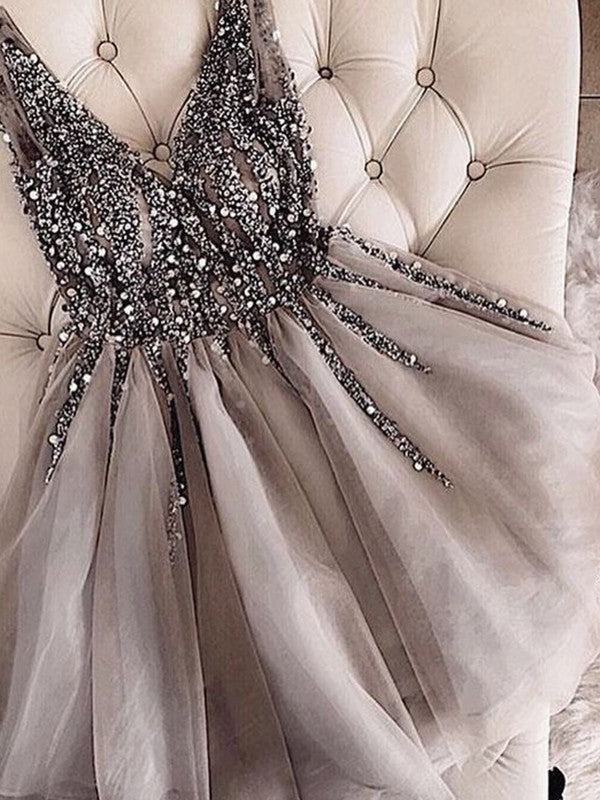 Sleeveless Pleated Homecoming Dresses A Line Lilliana V Neck Beading Tulle Backless