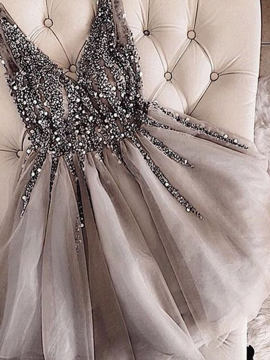 Sleeveless Pleated Homecoming Dresses A Line Lilliana V Neck Beading Tulle Backless