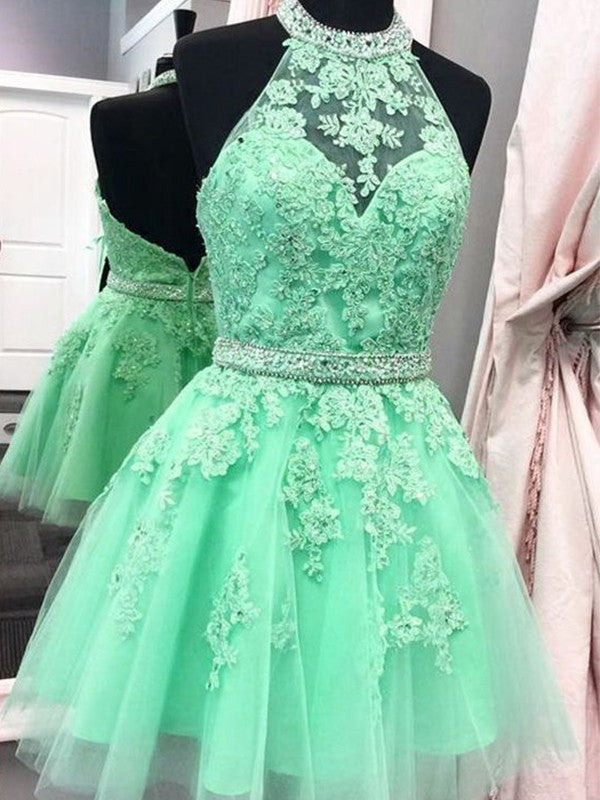 Homecoming Dresses Heidy A Line Appliques Halter Sleeveless Backless Flowers Tulle Pleated