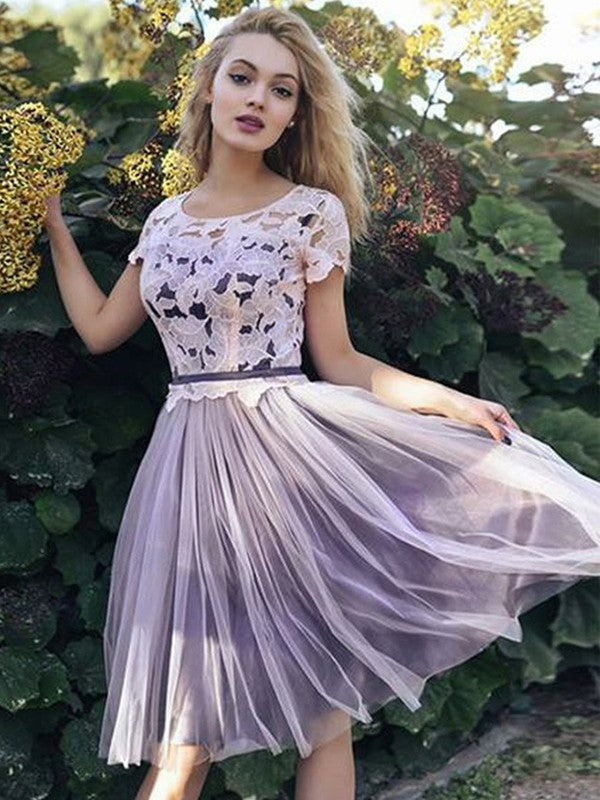 Kayley Pink Lace Homecoming Dresses Tulle Short Sleeve Scoop Pleated Flowers